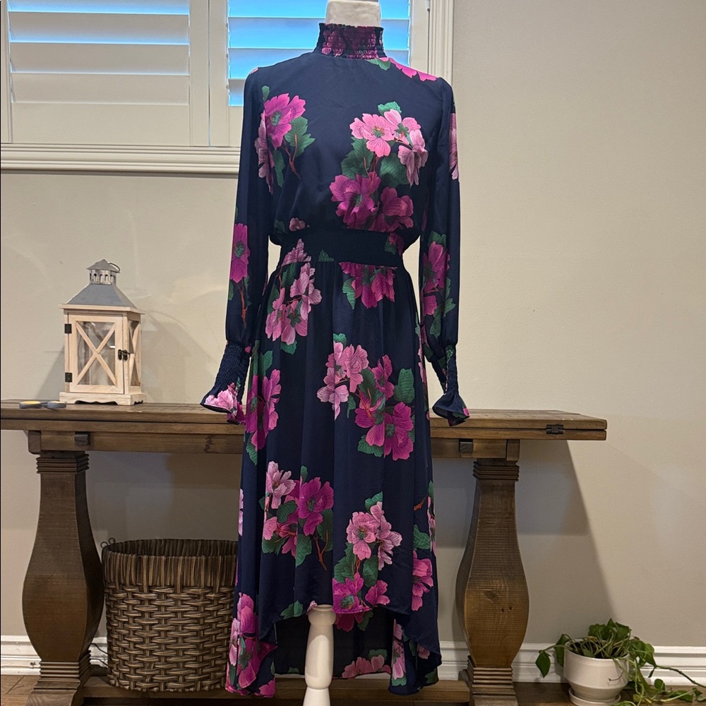 NWOT Nanette Lepore Navy and Pink Floral Long Sleeve Dress